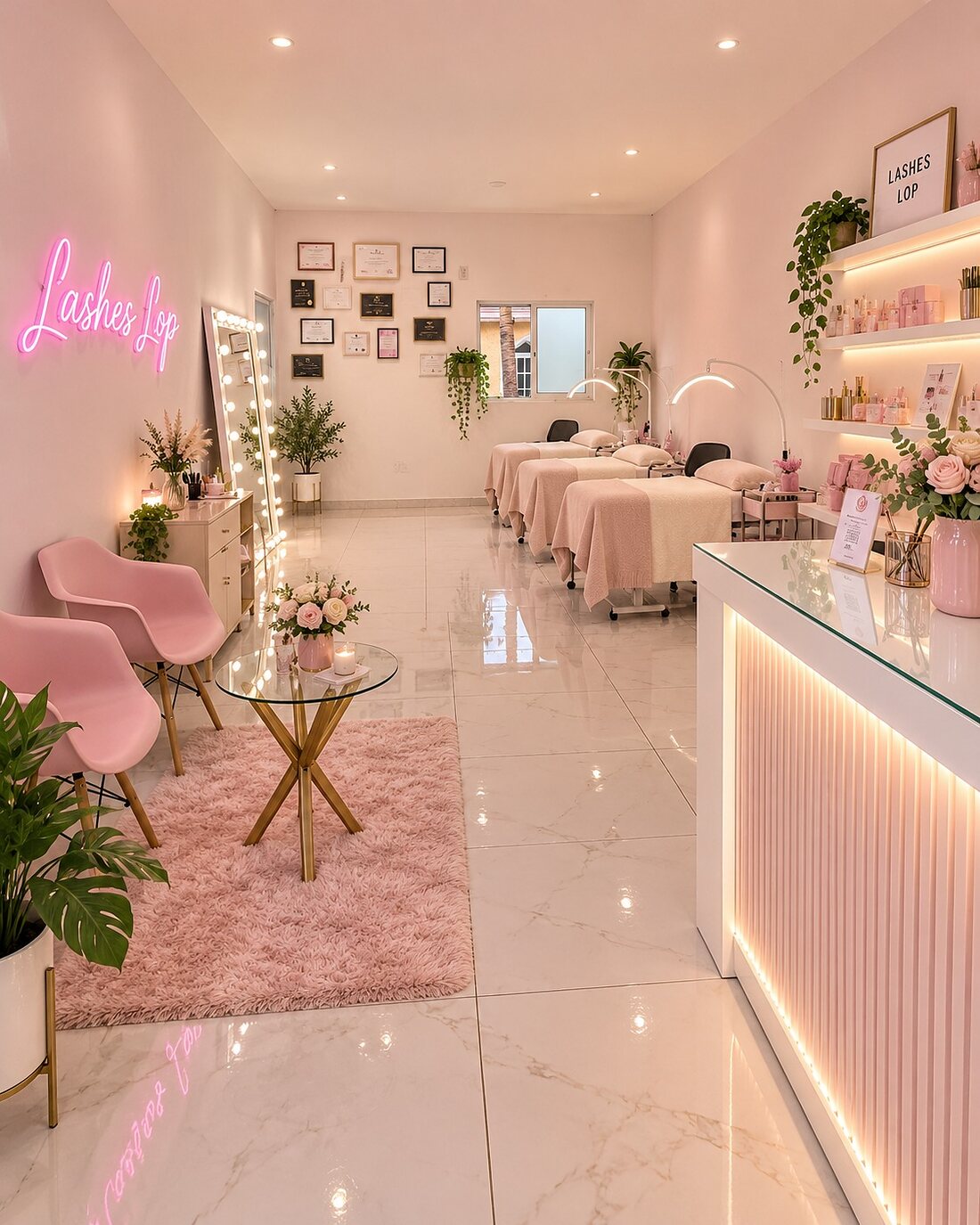 Interior del estudio Lashes Lop: letrero de neón con la marca, área de recepción con sillones rosas y camillas de trabajo