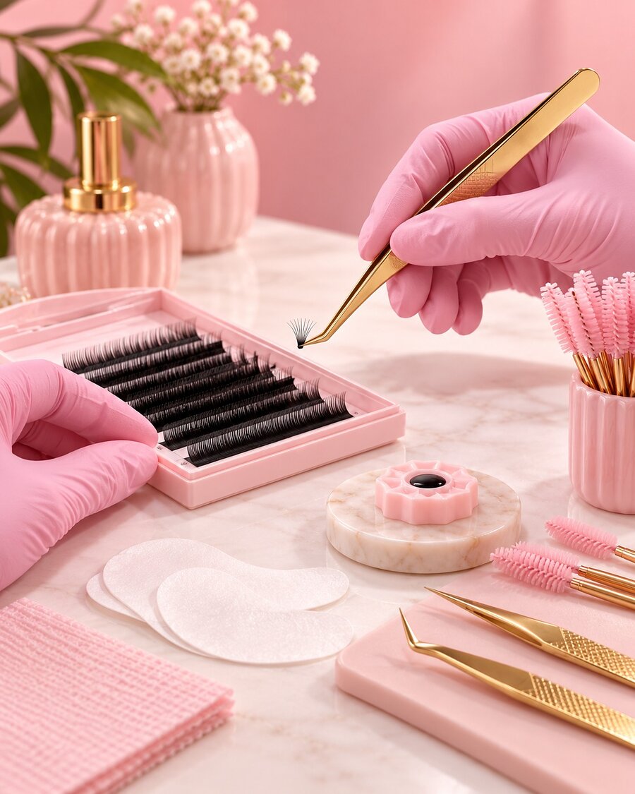 Material de trabajo de Lashes Lop: pinzas doradas, bandeja de extensiones y guantes, listos para la aplicación